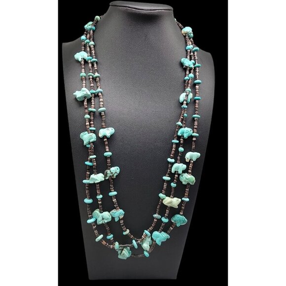 Antique Turquoise Carved Animal Stations Heshi Necklace Multistrand 24" Detailed - Picture 2 of 16